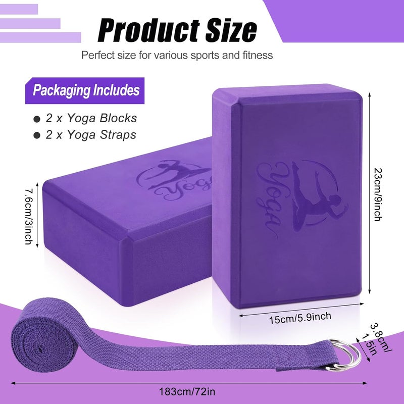 RETON Yoga Blocks Set, High - Density Yoga Block with 2 Strap, Lightweight Foam Brick Yoga Pilates Blocks, Anti-Slip Yoga Brick with Embossed Design for Posture Adjustment and Movement Assistance - Image 2